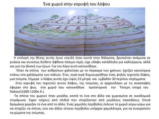 Ένα χωριό στην κορυφή του λόφου
Η επιλογή της θέσης αυτής έγινε επειδή ήταν κοντά στην θάλασσα, βρισκόταν ανάμεσα σε
ρυάκια και συνεπώς διέθετε άφθονο πόσιμο νερό, είχε εδάφη κατάλληλα για καλλιέργεια, αλλά
και για την βοσκή των ζώων. Για τον λόγο αυτό κατοικήθηκε.
‘Oταν τα σπίτια των ανθρώπων χαλούσαν με το πέρασμα των χρόνων, έχτιζαν καινούργια
επάνω στα χαλάσματα των παλιών. Έτσι, σιγά-σιγά δημιουργήθηκε ένας ψηλός τεχνητός λόφος,
μια τούμπα. Σήμερα ο λόφος αυτός έχει ύψος 23 μέτρα και εμβαδόν 30 περίπου στρέμματα.
Στην κορυφή του τεχνητού αυτού λόφου, της τούμπας, οι αρχαιολόγοι με τις ανασκαφές
έφεραν στο φως ένα χωριό που κατοικήθηκε προϊστορικά την Ύστερη εποχή του
Χαλκού(1600-1100π.Χ.).
Τα σπίτια του χωριού ήταν μεγάλα, κοντά το ένα στο άλλο και χωρισμένα σε οικοδομικά
τετράγωνα. Είχαν τοίχους από πλιθιά που στηρίζονταν από μεγάλους πασσάλους. Στενά
δρομάκια χώριζαν το ένα από το άλλο. Ένας χαμηλός περίβολος έκλεινε το χωριό γύρω-γύρω για
να στηρίζει τα σπίτια, ενώ και άλλοι τέτοιοι περίβολοι υπήρχαν χαμηλότερα, για να συγκρατούν
τα χώματα της τούμπας.
 