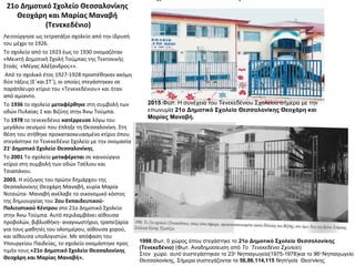 21ο Δημοτικό Σχολείο Θεσσαλονίκης
Θεοχάρη και Μαρίας Μαναβή
(Τενεκεδένιο)
Λειτούργησε ως τετρατάξιο σχολείο από την ίδρυσή
του μέχρι το 1926.
Το σχολείο από το 1923 έως το 1930 ονομαζόταν
«Μεικτή Δημοτική Σχολή Τούμπας της Τεκτονικής
Στοάς «Μέγας Αλέξανδρος»».
Από το σχολικό έτος 1927-1928 προστέθηκαν ακόμη
δύο τάξεις (Ε΄και ΣΤ΄), οι οποίες στεγάστηκαν σε
παράπλευρο κτίριο του «Τενεκεδένιου» και ήταν
από αμίαντο.
Το 1936 το σχολείο μεταφέρθηκε στη συμβολή των
οδών Πυλαίας 1 και Βιζύης στην Άνω Τούμπα.
Το 1978 το τενεκεδένιο κατέρρευσε λόγω του
μεγάλου σεισμού που έπληξε τη Θεσσαλονίκη. Στη
θέση του στήθηκε προκατασκευασμένο κτίριο όπου
στεγάστηκε το Τενεκεδένιο Σχολείο με την ονομασία
21ο
Δημοτικό Σχολείο Θεσσαλονίκης.
Το 2001 Το σχολείο μεταφέρεται σε καινούργιο
κτίριο στη συμβολή των οδών Τσέλιου και
Τσιαπάνου.
2003. Η σύζυγος του πρώην δημάρχου της
Θεσσαλονίκης Θεοχάρη Μαναβή, κυρία Μαρία
Νιτσιώτα- Μαναβή ανέλαβε το οικονομικό κόστος
της δημιουργίας του 2ου Εκπαιδευτικού-
Πολιτιστικού Κέντρου στο 21ο Δημοτικό Σχολείο
στην Άνω Τούμπα. Αυτό περιλαμβάνει αίθουσα
προβολών, βιβλιοθήκη- αναγνωστήριο, τραπεζαρία
για τους μαθητές του ολοημέρου, αίθουσα χορού,
και αίθουσα υπολογιστών. Με απόφαση του
Υπουργείου Παιδείας, το σχολείο ονομάστηκε προς
τιμήν τους «21ο Δημοτικό Σχολείο Θεσσαλονίκης
Θεοχάρη και Μαρίας Μαναβή».
1998.Φωτ. 0 χώρος όπου στεγάστηκε το 21ο Δημοτικό Σχολείο Θεσσαλονίκης
(Τενεκεδένιο) (Φωτ. Αναδημοσίευση από Το Τενεκεδένιο Σχολείο)
Στον χώρο αυτό συστεγάστηκαν το 23ο
Νηπιαγωγείο(1975-1978)και το 96ο
Νηπιαγωγείο
Θεσσαλονίκης. Σήμερα συστεγάζονται τα 56,86,114,115 Νηπ/γεία Θεσ/νίκης
2015.Φωτ. Η συνέχεια του Τενεκεδένιου Σχολείου σήμερα με την
επωνυμία 21ο Δημοτικό Σχολείο Θεσσαλονίκης Θεοχάρη και
Μαρίας Μαναβή.
 