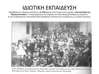 ΙΔΙΩΤΙΚΗ ΕΚΠΑΙΔΕΥΣΗ
Παράλληλα με τη δημόσια εκπ/δευση, το 1926 άρχισε να λειτουργεί στην περιοχή η Ιδιωτική Σχολή της
Μαρίας Ανανιάδου. Το κτίριο βρισκόταν στη συμβολή των οδών Αθηνών(Παπάφη) και Αγριανών.
Αν και τα δίδακτρά του ήταν ψηλά πολλοί πρόσφυγες έστελναν εκεί τα παιδιά τους, με πολλές στερήσεις.
 