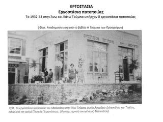 ΕΡΓΟΣΤΑΣΙΑ
Εργοστάσια ποτοποιίας
Το 1932-33 στην Άνω και Κάτω Τούμπα υπήρχαν 8 εργοστάσια ποτοποιίας
( Φωτ. Αναδημοσίευση από το βιβλίο Η Τούμπα των Προσφύγων)
 
