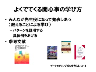 よくでてくる関心事の学び方
• みんなが先生役になって発表しあう
（教えることによる学び）
– パターンを説明する
– 具体例をあげる
• 参考文献
データモデリング系も参考にしている
 
