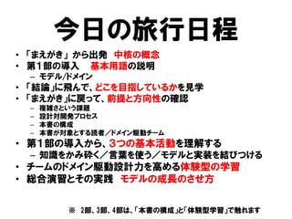 今日の旅行日程
• 「まえがき」 から出発 中核の概念
• 第１部の導入 基本用語の説明
– モデル/ドメイン
• 「結論」に飛んで、どこを目指しているかを見学
• 「まえがき」に戻って、前提と方向性の確認
– 複雑さという課題
– 設計対開発プロセス
– 本書の構成
– 本書が対象とする読者／ドメイン駆動チーム
• 第１部の導入から、３つの基本活動を理解する
– 知識をかみ砕く／言葉を使う／モデルと実装を結びつける
• チームのドメイン駆動設計力を高める体験型の学習
• 総合演習とその実践 モデルの成長のさせ方
※ 2部、3部、4部は、「本書の構成」と「体験型学習」で触れます
 