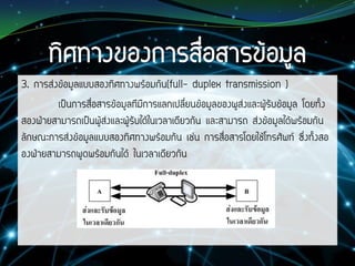3. การส่งข้อมูลแบบสองทิศทางพร้อมกัน(full- duplex transmission )
เป็นการสื่อสารข้อมูลทีมีการแลกเปลี่ยนข้อมูลของผูส่งและผู้รับข้อมูล โดยทั้ง
สองฝ่ายสามารถเป็นผู้ส่งและผู้รับได้ในเวลาเดียวกัน และสามารถ ส่งข้อมูลได้พร้อมกัน
ลักษณะการส่งข้อมูลแบบสองทิศทางพร้อมกัน เช่น การสื่อสารโดยใช้โทรศัพท์ ซึ่งทั้งสอ
องฝ่ายสามารถพูดพร้อมกันได้ ในเวลาเดียวกัน
 