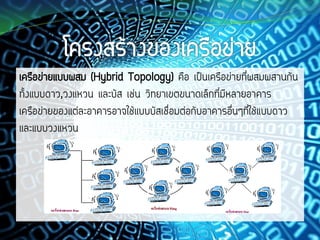 เครือข่ายแบบผสม (Hybrid Topology) คือ เป็นเครือข่ายที่ผสมผสานกัน
ทั้งแบบดาว,วงแหวน และบัส เช่น วิทยาเขตขนาดเล็กที่มีหลายอาคาร
เครือข่ายของแต่ละอาคารอาจใช้แบบบัสเชื่อมต่อกับอาคารอื่นๆที่ใช้แบบดาว
และแบบวงแหวน
 