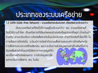 1.3 WAN (Wide Area Network) : ระบบเครือข่ายระดับประเทศ หรือเครือข่ายบริเวณกว้าง
เป็นระบบเครือข่ายที่ติดตั้งใช้งานอยู่ในบริเวณกว้าง เช่น ระบบเครือข่ายที่
ติดตั้งใช้งานทั่วโลก เป็นเครือข่ายที่เชื่อมต่อคอมพิวเตอร์หรืออุปกรณ์ที่อยู่ห่างไกลกันเข้า
ด้วยกัน อาจจะต้องเป็นการติดต่อสื่อสารกันในระดับประเทศ ข้ามทวีปหรือทั่วโลกก็ได้ ใน
การเชื่อมการติดต่อนั้น จะต้องมีการต่อเข้ากับระบบสื่อสารขององค์การโทรศัพท์หรือ
การสื่อสารแห่งประเทศไทยเสียก่อน เพราะจะเป็นการส่งข้อมูลผ่านสายโทรศัพท์ในการ
ติดต่อสื่อสารกันโดยปกติมีอัตราการส่งข้อมูลที่ต่า
และมีโอกาสเกิดข้อผิดพลาด การส่งข้อมูลอาจใช้
อุปกรณ์ในการสื่อสาร เช่น โมเด็ม
 