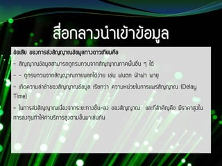 ข้อเสีย ของการส่งสัญญาณข้อมูลทางดาวเทียมคือ
- สัญญาณข้อมูลสามารถถูกรบกวนจากสัญญาณภาคพื้นอื่น ๆ ได้
- - ถูกรบกวนจากสัญญาณภายนอกได้้ง่าย เช่น ฝนตก ฟ้าผ่า พายุ
- เกิดความล่าช้าของสัญญาณข้อมูล เรียกว่า ความหน่วยในการแพร่สัญญาณ (Delay
Time)
- ในการส่งสัญญาณเนื่องจากระยะทางขึ้น-ลง ของสัญญาณ และที่สาคัญคือ มีราคาสูงใน
การลงทุนทาให้ค่าบริการสูงตามขึ้นมาเช่นกัน
 