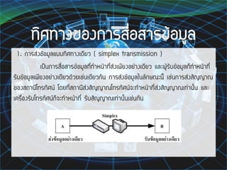 1. การส่งข้อมูลแบบทิศทางเดียว ( simplex transmission )
เป็นการสื่อสารข้อมูลที่ทาหน้าที่ส่งเพียงอย่างเดียว และผู้รับข้อมูลก็ทาหน้าที่
รับข้อมูลเพียงอย่างเดียวด้วยเช่นเดียวกัน การส่งข้อมูลในลักษณะนี้ เช่นการส่งสัญญาณ
ของสถานีโทรทัศน์ โดยที่สถานีส่งสัญญาณโทรทัศน์จะทาหน้าที่ส่งสัญญาณเท่านั้น และ
เครื่องรับโทรทัศน์ก็จะทาหน้าที่ รับสัญญาณเท่านั้นเช่นกัน
 
