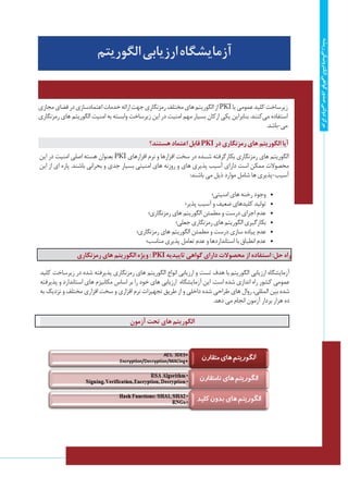 10
‫ریشه‬‫الکترونیکی‬‫گواهی‬‫صدور‬‫دولتی‬‫مرکز‬
‫الگوريتم‬‫ارزيابي‬‫آزمايشگاه‬
‫مجازي‬‫فضاي‬‫در‬‫اعتمادسازي‬‫خدمات‬‫ارائه‬‫جهت‬‫رمزنگاري‬‫مختلف‬‫هاي‬‫الگوريتم‬‫از‬‌PKI‫يا‬‫عمومي‬‫كليد‬‫زيرساخت‬
‫رمزنگاري‬ ‫هاي‬ ‫الگوريتم‬ ‫امنيت‬ ‫به‬ ‫وابسته‬ ‫زيرساخت‬ ‫اين‬ ‫در‬ ‫امنيت‬ ‫مهم‬ ‫بسيار‬ ‫اركان‬ ‫يكي‬ ‫بنابراين‬ .‫‌کنند‬‫ی‬‫م‬ ‫استفاده‬
.‫مي-باشد‬
‫هستند؟‬‫اعتماد‬‫قابل‬ PKI‫در‬‫رمزنگاري‬‫هاي‬‫الگوريتم‬‫آيا‬
‫اين‬ ‫در‬ ‫امنيت‬ ‫اصلي‬ ‫هسته‬ ‫بعنوان‬ PKI ‫افزارهاي‬ ‫نرم‬ ‫و‬ ‫افزارها‬ ‫سخت‬ ‫در‬ ‫ش��ده‬ ‫بكارگرفته‬ ‫رمزنگاري‬ ‫هاي‬ ‫الگوريتم‬
‫اين‬ ‫از‬ ‫اي‬ ‫پاره‬ .‫باشند‬ ‫بحراني‬ ‫و‬ ‫جدي‬ ‫بسيار‬ ‫امنيتي‬ ‫هاي‬ ‫روزنه‬ ‫و‬ ‫هاي‬ ‫پذيري‬ ‫آسيب‬ ‫داراي‬ ‫است‬ ‫ممكن‬ ‫محصوالت‬
:‫باشند‬ ‫مي‬ ‫ذيل‬ ‫موارد‬ ‫شامل‬ ‫ها‬ ‫آسيب-پذيري‬
‫امنيتي؛‬ ‫هاي‬ ‫رخنه‬ ‫وجود‬ 	•
‫پذير؛‬ ‫آسيب‬ ‫و‬ ‫ضعيف‬ ‫كليدهاي‬ ‫توليد‬ 	•
‫رمزنگاري؛‬ ‫هاي‬ ‫الگوريتم‬ ‫مطمئن‬ ‫و‬ ‫درست‬ ‫اجراي‬ ‫عدم‬ 	•
‫جعلي؛‬‫رمزنگاري‬‫هاي‬‫الگوريتم‬‫بكارگيري‬ 	•
‫رمزنگاري؛‬ ‫هاي‬ ‫الگوريتم‬ ‫مطمئن‬ ‫و‬ ‫درست‬ ‫سازي‬ ‫پياده‬ ‫عدم‬ 	•
‫مناسب؛‬ ‫پذيري‬ ‫تعامل‬ ‫عدم‬ ‫و‬ ‫استانداردها‬ ‫با‬ ‫انطباق‬ ‫عدم‬ 	•
‫رمزنگاري‬‫هاي‬‫الگوريتم‬‫ويژه‬: PKI‫تاييديه‬‫گواهي‬‫داراي‬‫محصوالت‬‫از‬‫استفاده‬:‫حل‬‫راه‬
‫كليد‬ ‫زيرساخت‬ ‫در‬ ‫شده‬ ‫پذيرفته‬ ‫رمزنگاري‬ ‫هاي‬ ‫الگوريتم‬ ‫انواع‬ ‫ارزيابي‬ ‫و‬ ‫تست‬ ‫هدف‬ ‫با‬ ‫الگوريتم‬ ‫ارزيابي‬ ‫آزمايشگاه‬
‫پذيرفته‬ ‫و‬ ‫استاندارد‬ ‫هاي‬ ‫مكانيزم‬ ‫اساس‬ ‫بر‬ ‫را‬ ‫خود‬ ‫هاي‬ ‫ارزيابي‬ ‫آزمايشگاه‬ ‫اين‬ .‫است‬ ‫شده‬ ‫اندازي‬ ‫راه‬ ‫كشور‬ ‫عمومي‬
‫به‬ ‫نزديك‬ ‫و‬ ‫مختلف‬ ‫افزاري‬ ‫سخت‬ ‫و‬ ‫افزاري‬ ‫نرم‬ ‫تجهيزات‬ ‫طريق‬ ‫از‬ ‫و‬ ‫داخلي‬ ‫شده‬ ‫طراحي‬ ‫هاي‬ ‫روال‬ ،‫المللي‬ ‫بين‬ ‫شده‬
.‫دهد‬ ‫مي‬ ‫انجام‬ ‫آزمون‬ ‫بردار‬ ‫هزار‬ ‫ده‬
‫آزمون‬‫تحت‬‫هاي‬‫الگوريتم‬
 