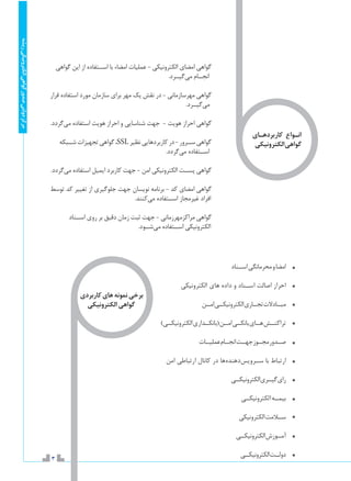 3
‫ریشه‬‫الکترونیکی‬‫گواهی‬‫صدور‬‫دولتی‬‫مرکز‬
‫گواهی‬ ‫این‬ ‫از‬ ‫اس��تفاده‬ ‫با‬ ‫امضاء‬ ‫عملیات‬ - ‫الكترونيكي‬ ‫امضاي‬ ‫گواهي‬ 	
.‫‌گی��رد‬‫ی‬‫م‬ ‫انج��ام‬
‫قرار‬ ‫استفاده‬ ‫مورد‬ ‫سازمان‬ ‫برای‬ ‫مهر‬ ‫یک‬ ‫نقش‬ ‫در‬ - ‫مهرسازماني‬ ‫گواهي‬ 	
.‫‌گی��رد‬‫ی‬‫م‬
.‫‌گردد‬‫ی‬‫م‬ ‫استفاده‬ ‫هویت‬ ‫احراز‬ ‫و‬ ‫شناسایی‬ ‫جهت‬ - ‫هويت‬ ‫احراز‬ ‫گواهي‬ 	
‫ش��بکه‬‫تجهیزات‬‫گواهی‬،SSL‫نظیر‬‫کاربردهایی‬‫در‬-‫س��رور‬‫گواهي‬ 	
.‫‌گردد‬‫ی‬‫م‬ ‫اس��تفاده‬
.‫‌گردد‬‫ی‬‫م‬ ‫استفاده‬ ‫ایمیل‬ ‫کاربرد‬ ‫جهت‬ - ‫امن‬ ‫الكترونيكي‬ ‫پس��ت‬ ‫گواهي‬ 	
‫توسط‬ ‫کد‬ ‫تغییر‬ ‫از‬ ‫جلوگیری‬ ‫جهت‬ ‫نویسان‬ ‫برنامه‬ - ‫كد‬ ‫امضاي‬ ‫گواهي‬ 	
.‫‌کنند‬‫ی‬‫م‬ ‫اس��تفاده‬ ‫غیرمجاز‬ ‫افراد‬
‫اس��ناد‬ ‫روی‬ ‫بر‬ ‫دقیق‬ ‫زمان‬ ‫ثبت‬ ‫جهت‬ - ‫مراكزمهرزماني‬ ‫گواهي‬ 	
.‫‌ش��ود‬‫ی‬‫م‬ ‫اس��تفاده‬ ‫الکترونیکی‬
‫کاربرده�ای‬ ‫ان�واع‬
‫الکترونیکی‬‫گواهی‬
‫کاربردی‬‫های‬‫نمونه‬‫برخی‬
‫الکترونیکی‬ ‫گواهی‬
‫اس��ناد‬‫محرمانگی‬‫و‬‫امضا‬ 	
‫الکترونیکی‬ ‫های‬ ‫داده‬ ‫و‬ ‫اس��ناد‬ ‫اصالت‬ ‫احراز‬ 	
‫ام��ن‬‫الکترونیک��ی‬‫تج��اری‬‫مب��ادالت‬ 	
)‫الکترونیک��ی‬‫(بانک��داری‬‫ام��ن‬‫بانک��ی‬‫ه��ای‬‫تراکن��ش‬ 	
‫عملی��ات‬‫انج��ام‬‫جه��ت‬‫مج��وز‬‫ص��دور‬ 	
‫امن‬ ‫ارتباطي‬ ‫كانال‬ ‫در‬ ‫‌ها‬‫ه‬‫‌دهند‬‫س‬‫س��روي‬ ‫با‬ ‫ارتباط‬ 	
‫الکترونیک��ی‬‫گی��ری‬‫رای‬ 	
‫لکترونیک��ی‬‫ا‬‫بیم��ه‬ 	
‫الکترونیکی‬‫س�لامت‬ 	
‫الکترونیک��ی‬‫آم��وزش‬ 	
‫الکترونیک��ی‬‫دول��ت‬ 	
 