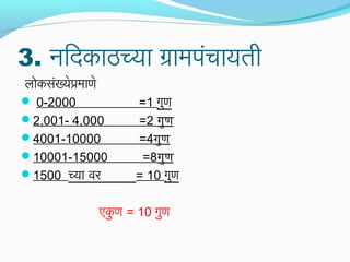 3. निदिकाठच्या ग्रामपंचायती
लोकसंख्येप्रमाणे
 0-2000 =1 गुण
2,001- 4,000 =2 गुर्ण
4001-10000 =4गुर्ण
10001-15000 =8गुर्ण
1500 च्या वर = 10 गुण
एकु ण = 10 गुण
 