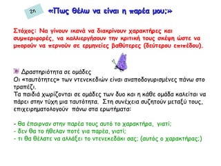 «Πως θέλω να είναι η παρέα μου;»«Πως θέλω να είναι η παρέα μου;»
Στόχος: Να γίνουν ικανά να διακρίνουν χαρακτήρες και
συμπεριφορές, να καλλιεργήσουν την κριτική τους σκέψη ώστε να
μπορούν να περνούν σε ερμηνείες βαθύτερες (δεύτερου επιπέδου).
Δραστηριότητα σε ομάδες
Οι «ταυτότητες» των ντενεκεδιών είναι αναποδογυρισμένες πάνω στο
τραπέζι.
Τα παιδιά χωρίζονται σε ομάδες των δυο και η κάθε ομάδα καλείται να
πάρει στην τύχη μια ταυτότητα. Στη συνέχεια συζητούν μεταξύ τους,
επιχειρηματολογούν πάνω στα ερωτήματα:
- θα έπαιρναν στην παρέα τους αυτό το χαρακτήρα, γιατί;
- δεν θα το ήθελαν ποτέ για παρέα, γιατί;
- τι θα θέλατε να αλλάξει το ντενεκεδάκι σας; (αυτός ο χαρακτήρας;)
2η
 