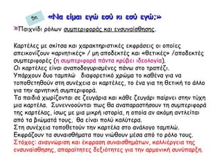 Παιχνίδι ρόλων συμπεριφοράς και ενσυναίσθησης.
Καρτέλες με σκίτσα και χαρακτηριστικές εκφράσεις οι οποίες
απεικονίζουν «αρνητικές» / μη αποδεκτές και «θετικές» /αποδεκτές
συμπεριφορές (η συμπεριφορά πάντα κρύβει ιδεολογία).
Οι καρτέλες είναι αναποδογυρισμένες πάνω στο τραπέζι.
Υπάρχουν δυο ταμπλώ διαφορετικό χρώμα το καθένα για να
τοποθετηθούν στη συνέχεια οι καρτέλες, το ένα για τη θετική το άλλο
για την αρνητική συμπεριφορά.
Τα παιδιά χωρίζονται σε ζευγάρια και κάθε ζευγάρι παίρνει στην τύχη
μια καρτέλα. Συνεννοούνται πως θα αναπαραστήσουν τη συμπεριφορά
της καρτέλας, ίσως με μια μικρή ιστορία, η οποία αν ακόμη αντλείται
από τα βιώματά τους, θα είναι πολύ καλύτερα.
Στη συνέχεια τοποθετούν την καρτέλα στο ανάλογο ταμπλώ.
Εκφράζουν τα συναισθήματα που νιώθουν μέσα από το ρόλο τους.
Στόχος: αναγνώριση και έκφραση συναισθημάτων, καλλιέργεια της
ενσυναίσθησης, απαραίτητες δεξιότητες για την αρμονική συνύπαρξη.
«Να είμαι εγώ εσύ κι εσύ εγώ;»«Να είμαι εγώ εσύ κι εσύ εγώ;»5η
 