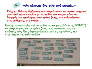 Στόχος: Μείωση /άμβλυνση των στερεότυπων και προκαταλήψεων
μέσα από τη «γνωριμία» με τα παιδιά του κόσμου πάνω σε
διαφορές και ομοιότητες στον τρόπο ζωής, στα ενδιαφέροντα,
στις επιθυμίες, στα όνειρα …
Βρήκαμε φωτογραφίες από τα παιδιά του κόσμου, (βιβλίο της UNICEF)
και πληροφορίες για τον τρόπο ζωής τους, τα όνειρά τους, τις
επιθυμίες τους Έτσι, δημιουργήσαμε σε μικρές καρτελίτσες την
«ταυτότητα» του κάθε παιδιού
«Ας κάνουμε ένα φίλο από μακριά…»«Ας κάνουμε ένα φίλο από μακριά…»7η
 