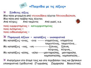 Σύνθετες λέξεις
Μια πόλη φτιαγμένη από ντενεκεδάκια λέγεται Ντενεκεδούπολη.
Μια πόλη από τούβλα πώς λέγεται;
Από πέτρες; Από τσιμέντο; Από γυαλί, κ.α.
πολύ ευχαριστημένος = κατευχαριστημένος
πολύ λυπημένος =
πολύ ενθουσιασμένος =
Παραγωγή λέξεων - καταλήξεις - υποκοριστικά
Με καταλήξεις –ενιος, -ενια ------ ντοματένιος, ντοματένια
τσιμεντένιος, τσιμεντένια,…
Με καταλήξεις -ινος, -ινη --------------ξύλινος, ξύλινη,
πέτρινος, πέτρινη,…
Με καταλήξεις –ούλης, -ούλα------μανιταρούλης, μανιταρούλα,
κομποστούλης, κομποστούλα,…
Ανατρέχουν στο άτομό τους και στο περιβάλλον τους και βρίσκουν
υποκοριστικά /χαϊδευτικά (Γιωργάκης Ζαχαρούλα Βαγγελίτσα).
«Παιχνίδια με τις λέξεις»11η
 