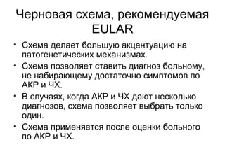 Черновая схема, рекомендуемая
EULAR
• Схема делает большую акцентуацию на
патогенетических механизмах.
• Схема позволяет ставить диагноз больному,
не набирающему достаточно симптомов по
АКР и ЧХ.
• В случаях, когда АКР и ЧХ дают несколько
диагнозов, схема позволяет выбрать только
один.
• Схема применяется после оценки больного
по АКР и ЧХ.
 