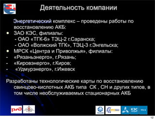 Деятельность компании
Энергетический комплекс – проведены работы по
восстановлению АКБ:
• ЗАО КЭС, филиалы:
- ОАО «ТГК-6» ТЭЦ-2 г.Саранска;
- ОАО «Волжский ТГК», ТЭЦ-3 г.Энгельска;
• МРСК «Центра и Приволжья», филиалы:
- «Рязаньэнерго», г.Рязань;
- «Кировэнерго», г.Киров;
- «Удмурэнерго», г.Ижевск
Разработаны технологические карты по восстановлению
свинцово-кислотных АКБ типа СК , СН и других типов, в
том числе необслуживаемых стационарных АКБ
12
 