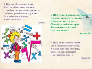 5. Вона особа граматична,
Але і до обчислень звична.
Із дробом десятковим дружить,
І знаком розділовим служить.
Вам усім вона відома,
А зветься вона ...
(кома)
6
6. Щоб узнати швидко й стисло,
Чи ділитись будуть числа,
Правила такі є в нас -
Відповідь знайдемо враз.
Заслуговують подяки,
Це - подільності ...
(ознаки)
7. Нам вони допомагають,
Дій порядок визначають.
А якщо про них забудеш,
Вийде зовсім навпаки
Пам’ятай же про ...
(дужки)
 