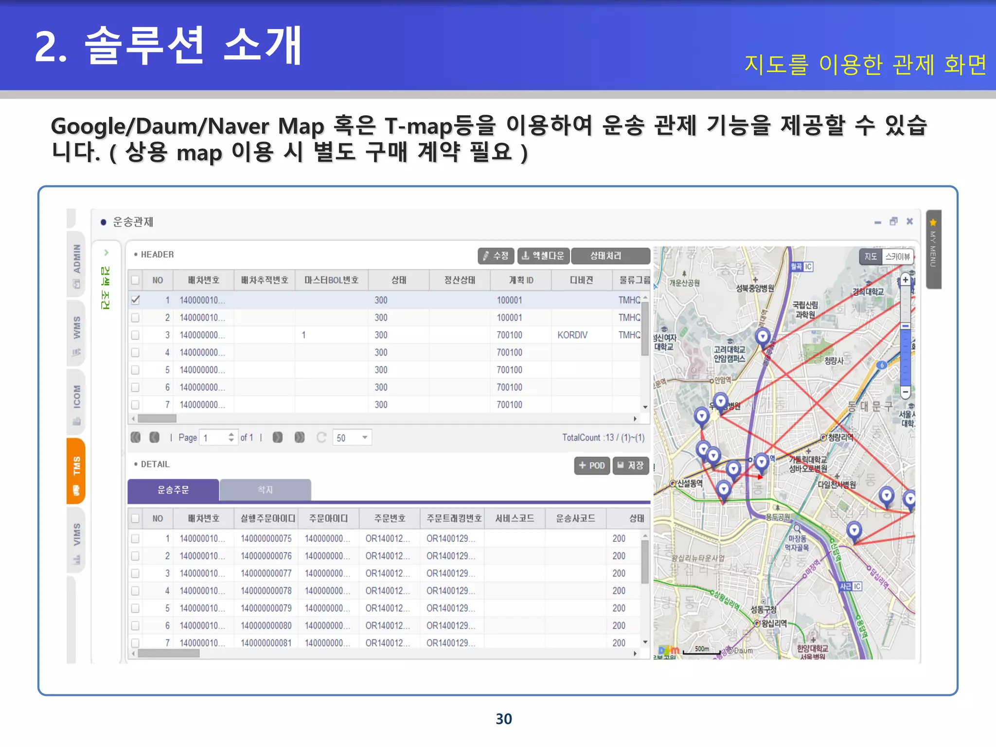 30
2. 솔루션 소개 지도를 이용한 관제 화면
Google/Daum/Naver Map 혹은 T-map등을 이용하여 운송 관제 기능을 제공할 수 있습
니다. ( 상용 map 이용 시 별도 구매 계약 필요 )
 