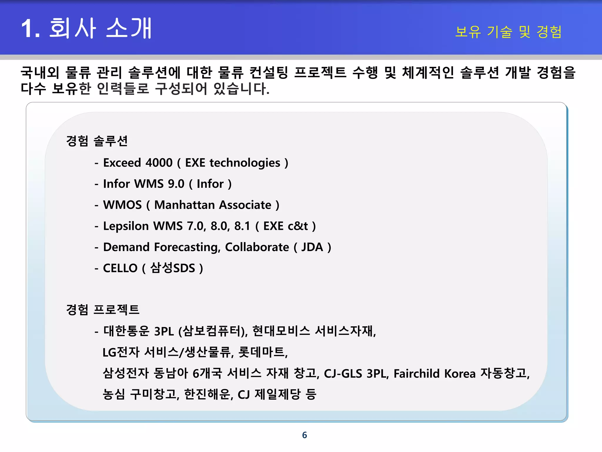 6
1. 회사 소개 보유 기술 및 경험
경험 솔루션
- Exceed 4000 ( EXE technologies )
- Infor WMS 9.0 ( Infor )
- WMOS ( Manhattan Associate )
- Lepsilon WMS 7.0, 8.0, 8.1 ( EXE c&t )
- Demand Forecasting, Collaborate ( JDA )
- CELLO ( 삼성SDS )
경험 프로젝트
- 대한통운 3PL (삼보컴퓨터), 현대모비스 서비스자재,
LG전자 서비스/생산물류, 롯데마트,
삼성전자 동남아 6개국 서비스 자재 창고, CJ-GLS 3PL, Fairchild Korea 자동창고,
농심 구미창고, 한진해운, CJ 제일제당 등
국내외 물류 관리 솔루션에 대한 물류 컨설팅 프로젝트 수행 및 체계적인 솔루션 개발 경험을
다수 보유한 인력들로 구성되어 있습니다.
 