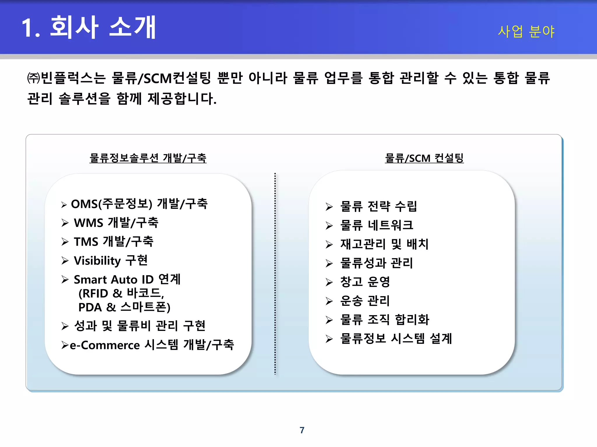 7
물류/SCM 컨설팅물류정보솔루션 개발/구축
 물류 전략 수립
 물류 네트워크
 재고관리 및 배치
 물류성과 관리
 창고 운영
 운송 관리
 물류 조직 합리화
 물류정보 시스템 설계
 OMS(주문정보) 개발/구축
 WMS 개발/구축
 TMS 개발/구축
 Visibility 구현
 Smart Auto ID 연계
(RFID & 바코드,
PDA & 스마트폰)
 성과 및 물류비 관리 구현
e-Commerce 시스템 개발/구축
1. 회사 소개 사업 분야
㈜빈플럭스는 물류/SCM컨설팅 뿐만 아니라 물류 업무를 통합 관리할 수 있는 통합 물류
관리 솔루션을 함께 제공합니다.
 