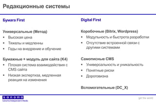 Редакционные системы
Бумага First
Универсальные (Метод)
 Высокая цена
 Тяжелы и медленны
 Годы на внедрение и обучение
Бумажные + модуль для сайта (K4)
 Плохая система взаимодействия с
CMS сайта
 Низкая экспертиза, медленная
реакция на изменения
Digital First
Коробочные (Bitrix, Wordpress)
 Модульность и быстрота разработки
 Отсутствие встроенной связи с
другими системами
Самописные CMS
 Универсальность и уникальность
 Понятные риски
 Дороговизна
Вспомогательные (DC_X)
 