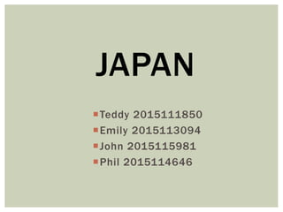 JAPAN
Teddy 2015111850
Emily 2015113094
John 2015115981
Phil 2015114646
 