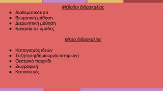 Μέθοδοι διδασκαλίας
● Διαθεματικότητα
● Βιωματική μάθηση
● Διερυνητική μάθηση
● Εργασία σε ομάδες
Μέσα διδασκαλίας
● Καταιγισμός ιδεών
● Συζήτηση(δημιουργία ιστοριών)
● Θεατρικό παιχνίδι
● Ζωγραφική
● Κατασκευές
 