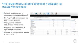 Performance Monitoring11
Что изменилось; анализ влияния и возврат на
исходную позицию
• Контроль системных и
административных действий
• Сообщить об изменениях на
различных уровнях
• Определить влияние
возможных изменений
• Корреляция изменений в
производительности
• Сравните виртуальных машин
и шаблонов
 