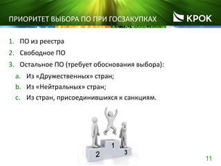 11
ПРИОРИТЕТ ВЫБОРА ПО ПРИ ГОСЗАКУПКАХ
1. ПО из реестра
2. Свободное ПО
3. Остальное ПО (требует обоснования выбора):
a. Из «Дружественных» стран;
b. Из «Нейтральных» стран;
c. Из стран, присоединившихся к санкциям.
 