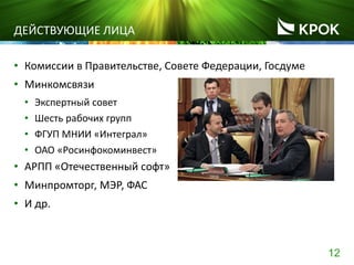 12
ДЕЙСТВУЮЩИЕ ЛИЦА
• Комиссии в Правительстве, Совете Федерации, Госдуме
• Минкомсвязи
• Экспертный совет
• Шесть рабочих групп
• ФГУП МНИИ «Интеграл»
• ОАО «Росинфокоминвест»
• АРПП «Отечественный софт»
• Минпромторг, МЭР, ФАС
• И др.
 