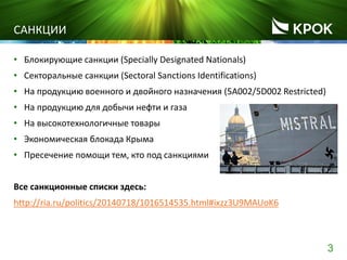 3
САНКЦИИ
• Блокирующие санкции (Specially Designated Nationals)
• Секторальные санкции (Sectoral Sanctions Identifications)
• На продукцию военного и двойного назначения (5A002/5D002 Restricted)
• На продукцию для добычи нефти и газа
• На высокотехнологичные товары
• Экономическая блокада Крыма
• Пресечение помощи тем, кто под санкциями
Все санкционные списки здесь:
http://ria.ru/politics/20140718/1016514535.html#ixzz3U9MAUoK6
 