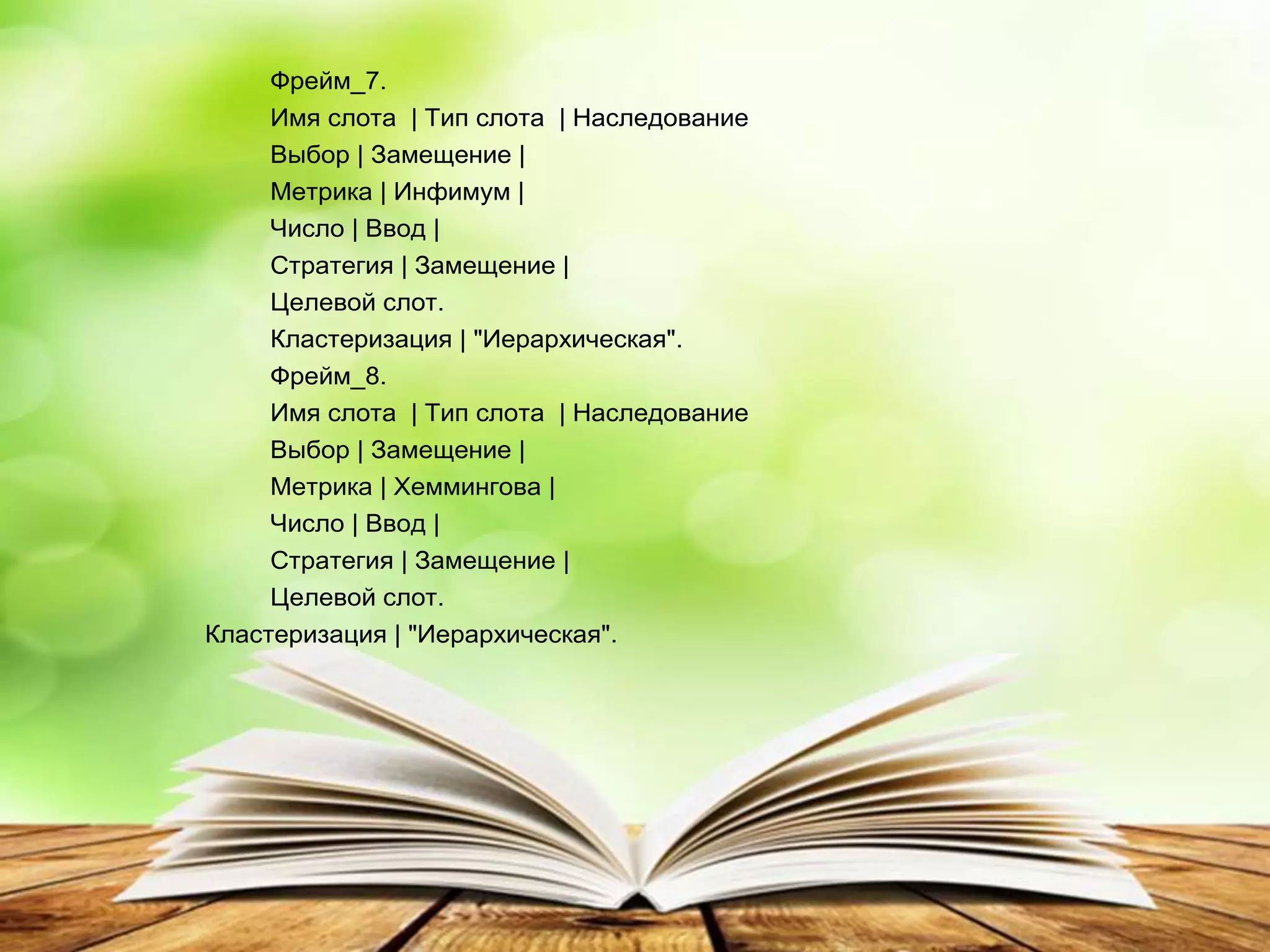 Фрейм_7.
Имя слота | Тип слота | Наследование
Выбор | Замещение |
Метрика | Инфимум |
Число | Ввод |
Стратегия | Замещение |
Целевой слот.
Кластеризация | "Иерархическая".
Фрейм_8.
Имя слота | Тип слота | Наследование
Выбор | Замещение |
Метрика | Хеммингова |
Число | Ввод |
Стратегия | Замещение |
Целевой слот.
Кластеризация | "Иерархическая".
 