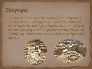  Τα Στάγειρα είναι η γενέτειρα του Αριστοτέλης και η
είσοδος του Δήμου Σταγείρων- Ακάνθου. Βρίσκονται
στους πρόποδες του Όρους Στρατωνίκου, με υψόμετρο
περίπου 500 μετρά, στην βορειοανατολική πλευρά της
Χαλκιδικής. Ήταν αποικία των Ανδρίων και ιδρύθηκε το
665 π.Χ.
 