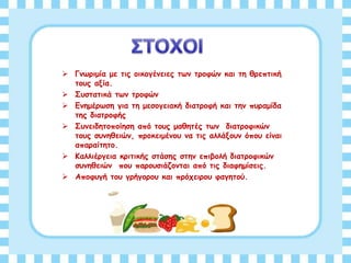  Γνωριμία με τις οικογένειες των τροφών και τη θρεπτική
τους αξία.
 Συστατικά των τροφών
 Ενημέρωση για τη μεσογειακή διατροφή και την πυραμίδα
της διατροφής
 Συνειδητοποίηση από τους μαθητές των διατροφικών
τους συνηθειών, προκειμένου να τις αλλάξουν όπου είναι
απαραίτητο.
 Καλλιέργεια κριτικής στάσης στην επιβολή διατροφικών
συνηθειών που παρουσιάζονται από τις διαφημίσεις.
 Αποφυγή του γρήγορου και πρόχειρου φαγητού.
 