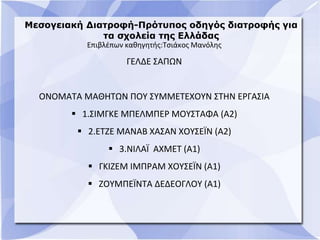 Μεσογειακή Διατροφή-Πρότυπος οδηγός διατροφής για
τα σχολεία της Ελλάδας
Επιβλέπων καθηγητής:Τσιάκος Μανόλης
ΓΕΛΔΕ ΣΑΠΩΝ
ΟΝΟΜΑΤΑ ΜΑΘΗΤΩΝ ΠΟΥ ΣΥΜΜΕΤΕΧΟΥΝ ΣΤΗΝ ΕΡΓΑΣΙΑ
 1.ΣΙΜΓΚΕ ΜΠΕΛΜΠΕΡ ΜΟΥΣΤΑΦΑ (Α2)
 2.ΕΤΖΕ ΜΑΝΑΒ ΧΑΣΑΝ ΧΟΥΣΕΪΝ (Α2)
 3.ΝΙΛΑΪ ΑΧΜΕΤ (Α1)
 ΓΚΙΖΕΜ ΙΜΠΡΑΜ ΧΟΥΣΕΪΝ (Α1)
 ΖΟΥΜΠΕΪΝΤΑ ΔΕΔΕΟΓΛΟΥ (Α1)
 