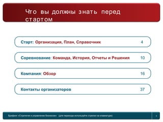 4
Соревнование: Команда, История, Отчеты и Решения 10
Компания: Обзор 16
Контакты организаторов 37
Что вы должны знать перед
стартом
Старт: Организация, План, Справочник
Брифинг «Стратегия и управление бизнесом» (для перехода используйте стрелки на клавиатуре) 3
 