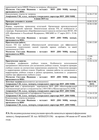 вариативной части ОПОП. Ответы на вопросы, обсуждение.
Матвеева Светлана Ивановна - методист НОУ ДПО МИЦ, эксперт,
преподаватель ВПО.
Консультации, ответы на вопросы.
Амирханова Г.И., к.п.н., эксперта, генерального директора НОУ ДПО МИЦ
16.30-17.30
6 июня 2015 год
Проверка домашнего задания 10.00-10.30
Презентация 7.
Формы, нормативы проведения аттестаций. Организация производственной
(профессиональной) практики. Пояснительная записка УП, её особенности и
структура. Формирование общеобразовательного цикла (в соответствии ФГОС, ФЗ
«Об образовании в Российской Федерации», ПИСЬМО от 17 марта 2015 г. N 06-
259).
Матвеева Светлана Ивановна - методист НОУ ДПО МИЦ, эксперт,
преподаватель ВПО.
10.30-12.00
Практическая работа.
Анализ УП (по выбору) образовательной организации для эффективного
применения теоретических знаний (просьба заранее сообщить по какой
специальности СПО)
Матвеева Светлана Ивановна - методист НОУ ДПО МИЦ, эксперт,
преподаватель ВПО.
12.00-13.00
Обед 13.00-
13.30
Практическое занятие.
Специфика унификации учебных планов. Особенности использования
программного обеспечения для составления учебных планов. Алгоритм проверки
учебных планов на соответствие нормативным документам. Технология проверки
и корректировки учебных планов. Отработка навыков работы по составлению и
корректировке учебных планов в разных программах, выявление и устранение
ошибок при оформлении учебного плана
Матвеева Светлана Ивановна - методист НОУ ДПО МИЦ, эксперт,
преподаватель ВПО.
13.30-14.30
Зачетные задания (выполняются дистанционно)
Амирханова Г.И., к.п.н., эксперта, генерального директора НОУ ДПО МИЦ
7.06-11.06.
2015г
Круглый стол с организатором мероприятия НОУ ДПО «Многопрофильный
инновационный центр» о сотрудничестве с ОО СПО и Министерством О и Н РК.
Амирханова Г.И., к.п.н., эксперта, генерального директора НОУ ДПО МИЦ
14.30-15.10
Вручение Удостоверений и Сертификатов Участника
Амирханова Г.И., к.п.н., эксперта, генерального директора НОУ ДПО МИЦ
15.10-15.30
Консультации, ответы на вопросы
Матвеева Светлана Ивановна - методист НОУ ДПО МИЦ, эксперт,
преподаватель ВПО
Амирханова Г.И., к.п.н., эксперта, генерального директора НОУ ДПО МИЦ
15.30-16.30
Р.S. На индивидуальные консультации просьбазаписаться заранее(оформление
записи у АмирхановойГ.И. тел: 8(926)3231136) на время с 04 июня по 07 июня 2015
года.
 