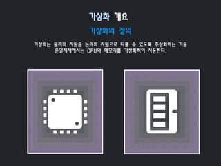 가상화의 정의
가상화는 물리적 자원을 논리적 자원으로 다룰 수 있도록 추상화하는 기술
운영체제에서는 CPU와 메모리를 가상화하여 사용한다.
가상화 개요
 