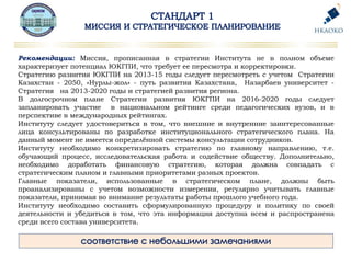Рекомендации: Миссия, прописанная в стратегии Института не в полном объеме
характеризует потенциал ЮКГПИ, что требует ее пересмотра и корректировки.
Стратегию развития ЮКГПИ на 2013-15 годы следует пересмотреть с учетом Стратегии
Казахстан - 2050, «Нурлы-жол» - путь развития Казахстана, Назарбаев университет -
Стратегия на 2013-2020 годы и стратегией развития региона.
В долгосрочном плане Стратегии развития ЮКГПИ на 2016-2020 годы следует
запланировать участие в национальном рейтинге среди педагогических вузов, и в
перспективе в международных рейтингах.
Институту следует удостовериться в том, что внешние и внутренние заинтересованные
лица консультированы по разработке институционального стратегического плана. На
данный момент не имеется определённой системы консультации сотрудников.
Институту необходимо конкретизировать стратегию по главному направлению, т.е.
обучающий процесс, исследовательская работа и содействие обществу. Дополнительно,
необходимо доработать финансовую стратегию, которая должна совпадать с
стратегическим планом и главными приоритетами разных проектов.
Главные показатели, использованные в стратегическом плане, должны быть
проанализированы с учетом возможности измерения, регулярно учитывать главные
показатели, принимая во внимание результаты работы прошлого учебного года.
Институту необходимо составить сформулированную процедуру и политику по своей
деятельности и убедиться в том, что эта информация доступна всем и распространена
среди всего состава университета.
 