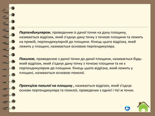 Перпендикуляром, проведеним із даної точки на дану площину,
називається відрізок, який з’єднує дану точку з точкою площини та лежить
на прямій, перпендикулярній до площини. Кінець цього відрізка, який
лежить у площині, називається основою перпендикуляра.
Похилою, проведеною з даної точки до даної площини, називається будь-
який відрізок, який з’єднує дану точку з точкою площини та не є
перпендикуляром до площини. Кінець цього відрізка, який лежить у
площині, називається основою похилої.
Проекцією похилої на площину , називається відрізок, який з’єднує
основи перпендикуляра та похилої, проведених з однієї і тієї ж точки.
 