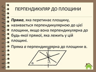 ПЕРПЕНДИКУЛЯР ДО ПЛОЩИНИ
Пряма, яка перетинає площину,
називається перпендикулярною до цієї
площини, якщо вона перпендикулярна до
будь-якої прямої, яка лежить у цій
площині.
Пряма а перпендикулярна до площини α.
 