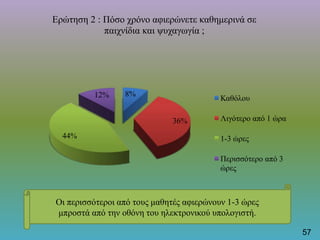 8%
36%
44%
12%
Ερώτηση 2 : Πόσο χρόνο αφιερώνετε καθημερινά σε
παιχνίδια και ψυχαγωγία ;
Καθόλου
Λιγότερο από 1 ώρα
1-3 ώρες
Περισσότερο από 3
ώρες
Οι περισσότεροι από τους μαθητές αφιερώνουν 1-3 ώρες
μπροστά από την οθόνη του ηλεκτρονικού υπολογιστή.
57
 