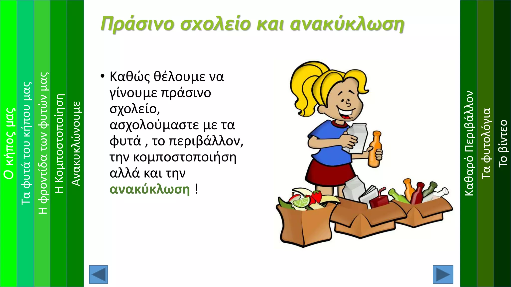 Ταφυτάτουκήπουμας
Ηφροντίδατωνφυτώνμας
Οκήποςμας
ΗΚομποστοποίηση
ΚαθαρόΠεριβάλλον
Ταφυτολόγια
Τοβίντεο
Πράσινο σχολείο και ανακύκλωση
• Καθώς θέλουμε να
γίνουμε πράσινο
σχολείο,
ασχολούμαστε με τα
φυτά , το περιβάλλον,
την κομποστοποιήση
αλλά και την
ανακύκλωση !
Ανακυκλώνουμε
 