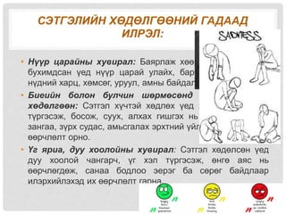 СЭТГЭЛИЙН ХӨДӨЛГӨӨНИЙ ГАДААД
ИЛРЭЛ:
• Нүүр царайны хувирал: Баярлаж хөөрөх эсвэл уурлаж
бухимдсан үед нүүр царай улайх, барайх гэх мэтчилэн
нүдний харц, хөмсөг, уруул, амны байдал г.м.
• Биеийн болон булчин шөрмөсөнд гарах хувирал
хөдөлгөөн: Сэтгэл хүчтэй хөдлөх үед хүний хөдөлгөөн
түргэсэж, босож, суух, алхах гишгэх нь хурдсаж, Дохио
зангаа, зүрх судас, амьсгалах эрхтний үйл ажиллагаанд их
өөрчлөлт орно.
• Үг яриа, дуу хоолойны хувирал: Сэтгэл хөдөлсөн үед
дуу хоолой чангарч, үг хэл түргэсэж, өнгө аяс нь
өөрчлөгдөж, санаа бодлоо эерэг ба сөрөг байдлаар
илэрхийлэхэд их өөрчлөлт гарна.
 