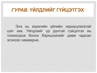 ГУРАВ. ҮЙЛДЛИЙГ ГҮЙЦЭТГЭХ:
Энэ нь зоригийн үйлийн хариуцлагатай
шат юм. Үйлдлийг үр дүнтэй гүйцэтгэх иь
тохиолдож болох бэрхшээлийг давж чадсан
эсэхээс хамаарна.
 