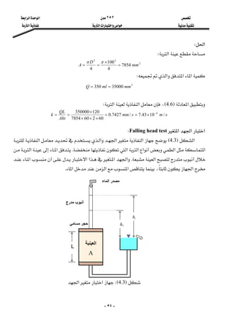  ٢٥٢ ‫א‬‫א‬‫א‬ 
 ‫א‬‫א‬‫א‬‫א‬ ‫א‬ 
-٥٤-
‫א‬W 
‫א‬W 
2
22
7854
4
100
4
mm
D
A =
×
==
ππ
 
‫א‬‫א‬‫א‬W 
3
35000350 mmmlQ == 
 
‫א‬F4.6E،‫א‬‫א‬W 
smsmm
Aht
QL
k /1043.7/7427.0
602607854
120350000 4−
×==
×××
×
== 
‫א‬‫א‬‫א‬Falling head testW 
‫א‬F4.3E‫א‬‫א‬‫א‬‫א‬
‫א‬‫א‬‫א‬‫א‬‫א‬K‫א‬‫א‬
‫א‬K‫א‬‫א‬‫א‬‫א‬‫א‬
‫א‬،‫א‬‫א‬‫א‬K 
 
 
 
 
 
 
 
 
 
 
 
F4.3WE‫א‬‫א‬ 
 
L
‫اﻟﻌﻴﻨﺒﺔ‬
‫ﻣﺴﺎﻣﻲ‬ ‫ﺣﺠﺮ‬
1h
‫ﻣﺪرج‬ ‫أﻧﺒﻮب‬
2h
A
‫اﻟﻤﺎء‬ ‫ﻣﺼﺪر‬
 