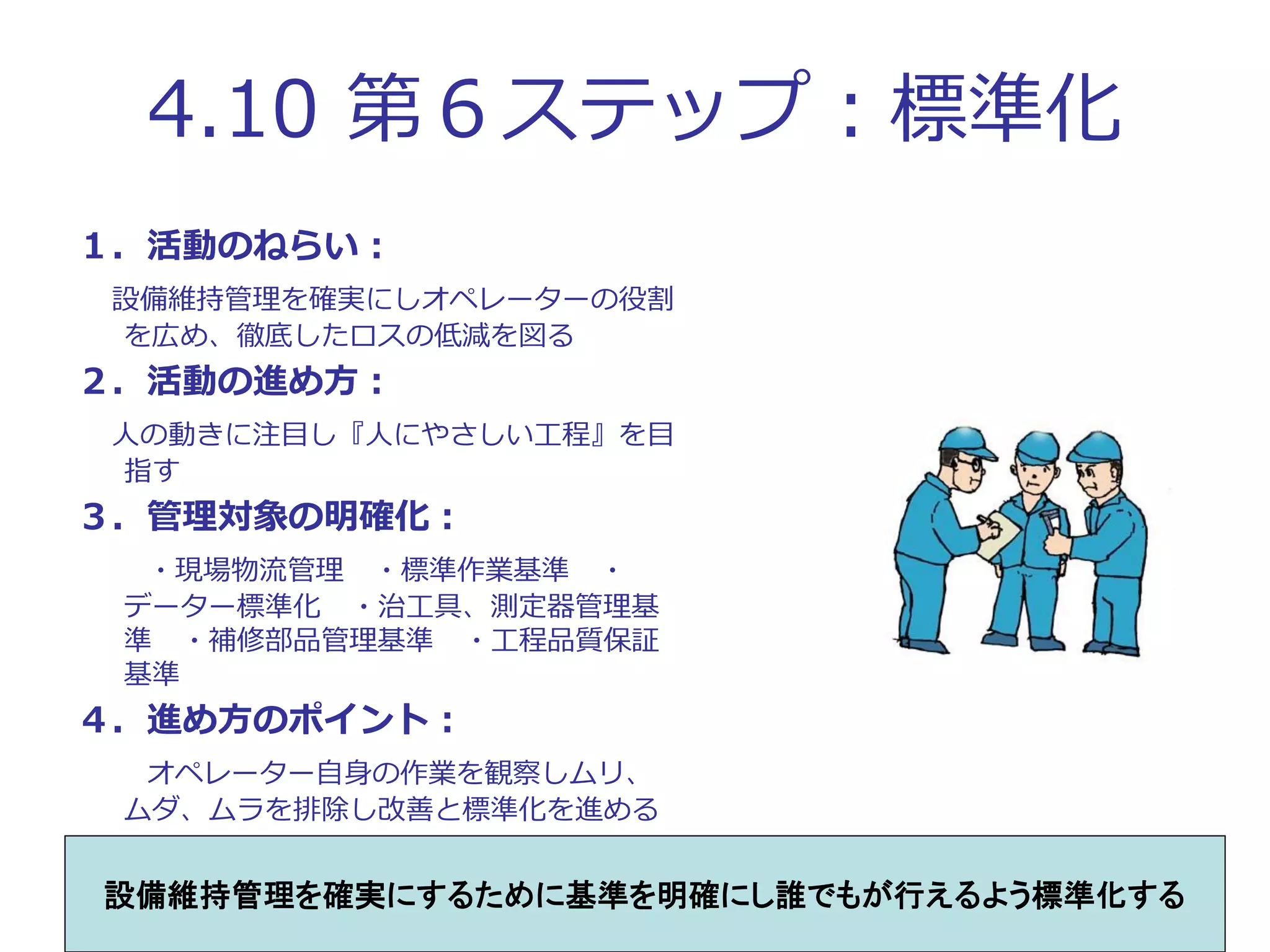 4.10 第６ステップ：標準化
１．活動のねらい：
設備維持管理を確実にしオペレーターの役割
を広め、徹底したロスの低減を図る
２．活動の進め方：
人の動きに注目し『人にやさしい工程』を目
指す
３．管理対象の明確化：
・現場物流管理 ・標準作業基準 ・
データー標準化 ・治工具、測定器管理基
準 ・補修部品管理基準 ・工程品質保証
基準
４．進め方のポイント：
オペレーター自身の作業を観察しムリ、
ムダ、ムラを排除し改善と標準化を進める
設備維持管理を確実にするために基準を明確にし誰でもが行えるよう標準化する
 