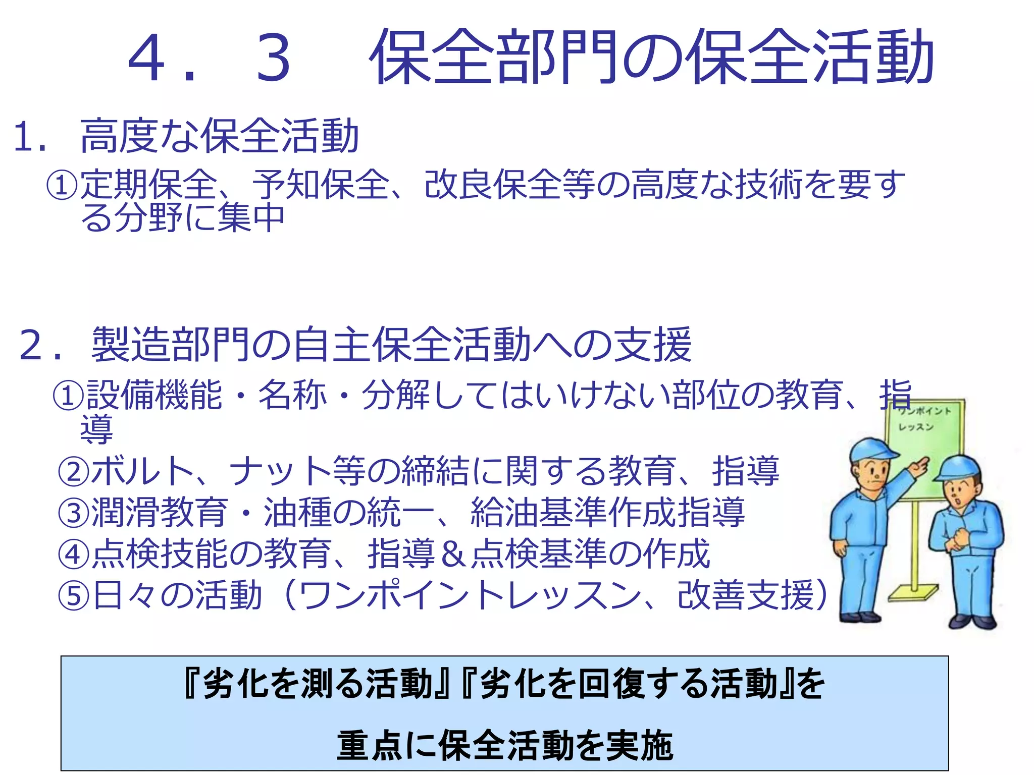 ４．３ 保全部門の保全活動
1. 高度な保全活動
①定期保全、予知保全、改良保全等の高度な技術を要す
る分野に集中
２．製造部門の自主保全活動への支援
①設備機能・名称・分解してはいけない部位の教育、指
導
②ボルト、ナット等の締結に関する教育、指導
③潤滑教育・油種の統一、給油基準作成指導
④点検技能の教育、指導＆点検基準の作成
⑤日々の活動（ワンポイントレッスン、改善支援）
『劣化を測る活動』 『劣化を回復する活動』を
重点に保全活動を実施
 