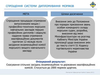 Міністерство Інфраструктури України| Травень 2015 |
СПРОЩЕННЯ СИСТЕМИ ДИПЛОМУВАННЯ МОРЯКІВ
МЕТА Шляхи досягнення
Спрощення процедури отримання
випускниками вищих і
професійно-технічних морських
навчальних закладів перших
професійних дипломів і свідоцтв:
надання права отримання
кваліфікаційних документів
протягом 12 місяців після
засідання екзаменаційної комісії
морського вищого навчального
закладу
Внесення змін до Положення
про порядок присвоєння звань
особам командного складу
морських суден, розробка,
внесення від імені
Мінінфраструктури на розгляд
Кабінету Міністрів України
пропозиції щодо внесення змін
до тексту статті 51 Кодексу
торгівельного мореплавства
України
Очікуваний результат:
Скасування спільних засідань екзаменаційних та державних кваліфікаційних
комісій. Стосується до 2000 моряків щорічно.
 