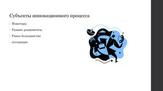 Субъекты инновационного процесса
• Новаторы
• Ранние реципиенты
• Ранее большинство
• отстающие
 